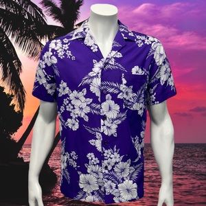 Hilo Hattie Purple White Floral Print Hawaiian Camp Shirt Made in USA Medium EUC